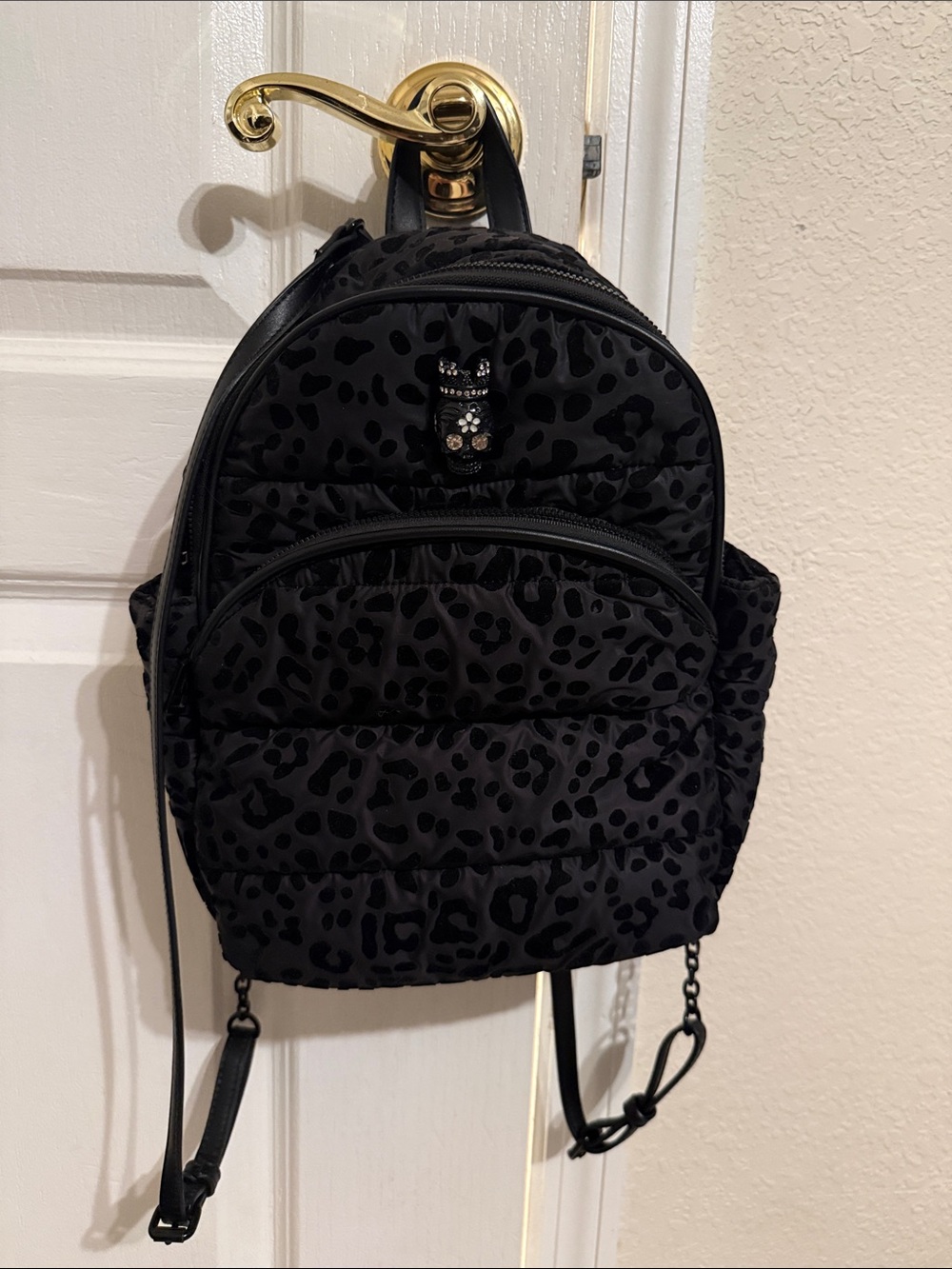 Betsey Johnson Black Quilted Leopard Print Mini Backpack with Crystal Accent